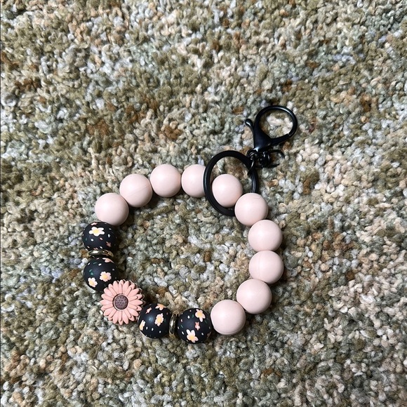 None Accessories - Sunflower Tan, Brown, Black Keychain Bracelet Wristlet Silicone Beaded Black